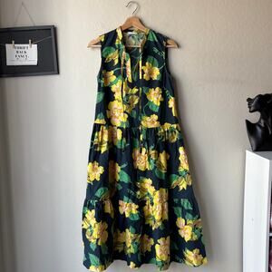 Obus Yellow Bells Floral Print Sleeveless Tiered A-Line Poplin Midi Dress Size 1